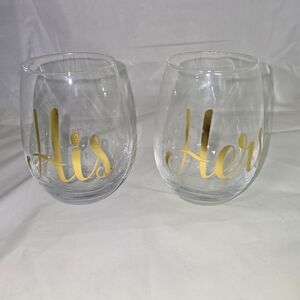 His and Her Stemless Wine Glasses with Gold Lettering